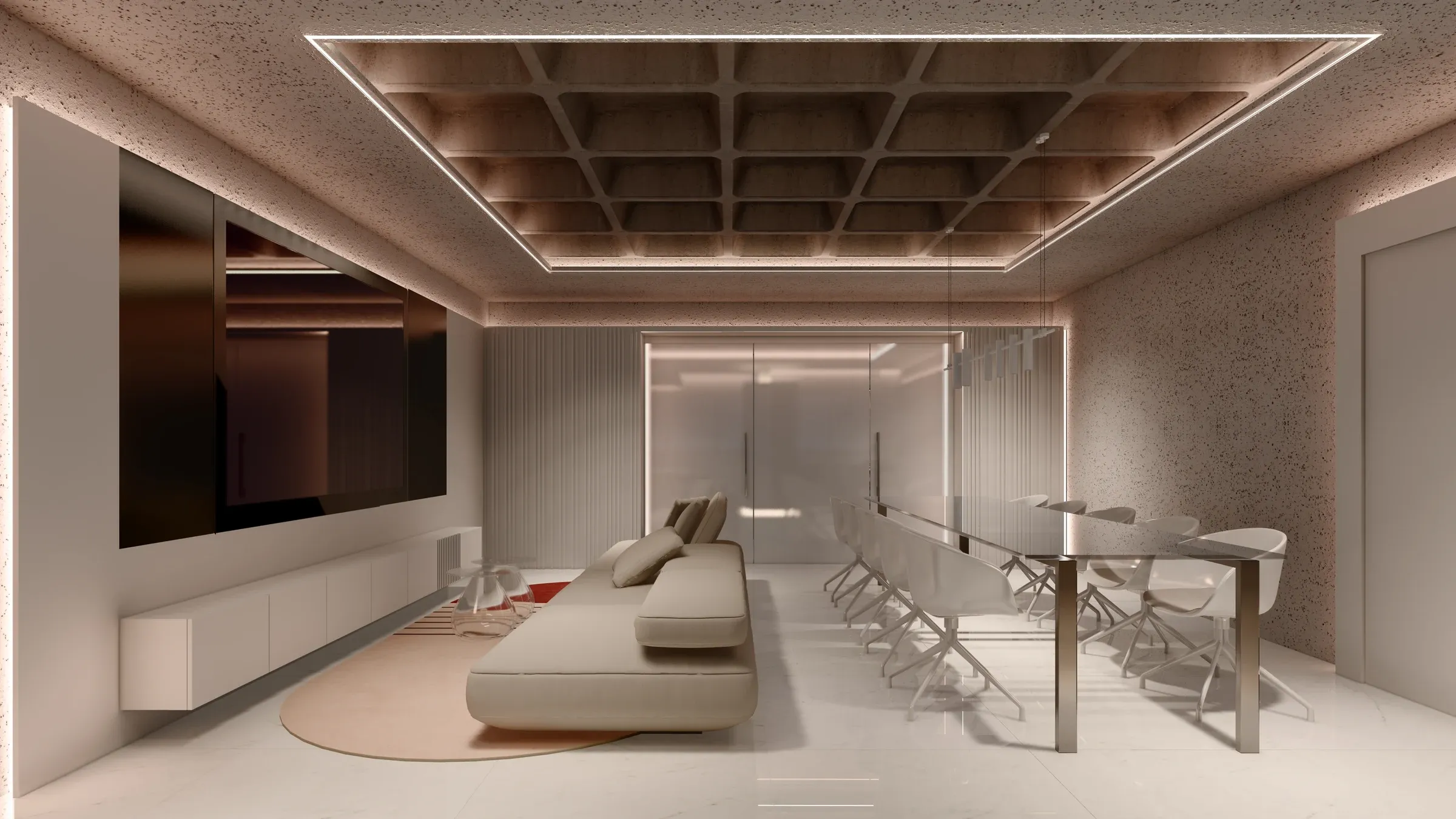 Living e sala de jantar contemporâneos sob laje nervurada em concreto aparente com iluminação perimetral em LED, paredes em granitina, painel preto espelhado com TV e mesa com cadeiras cromadas