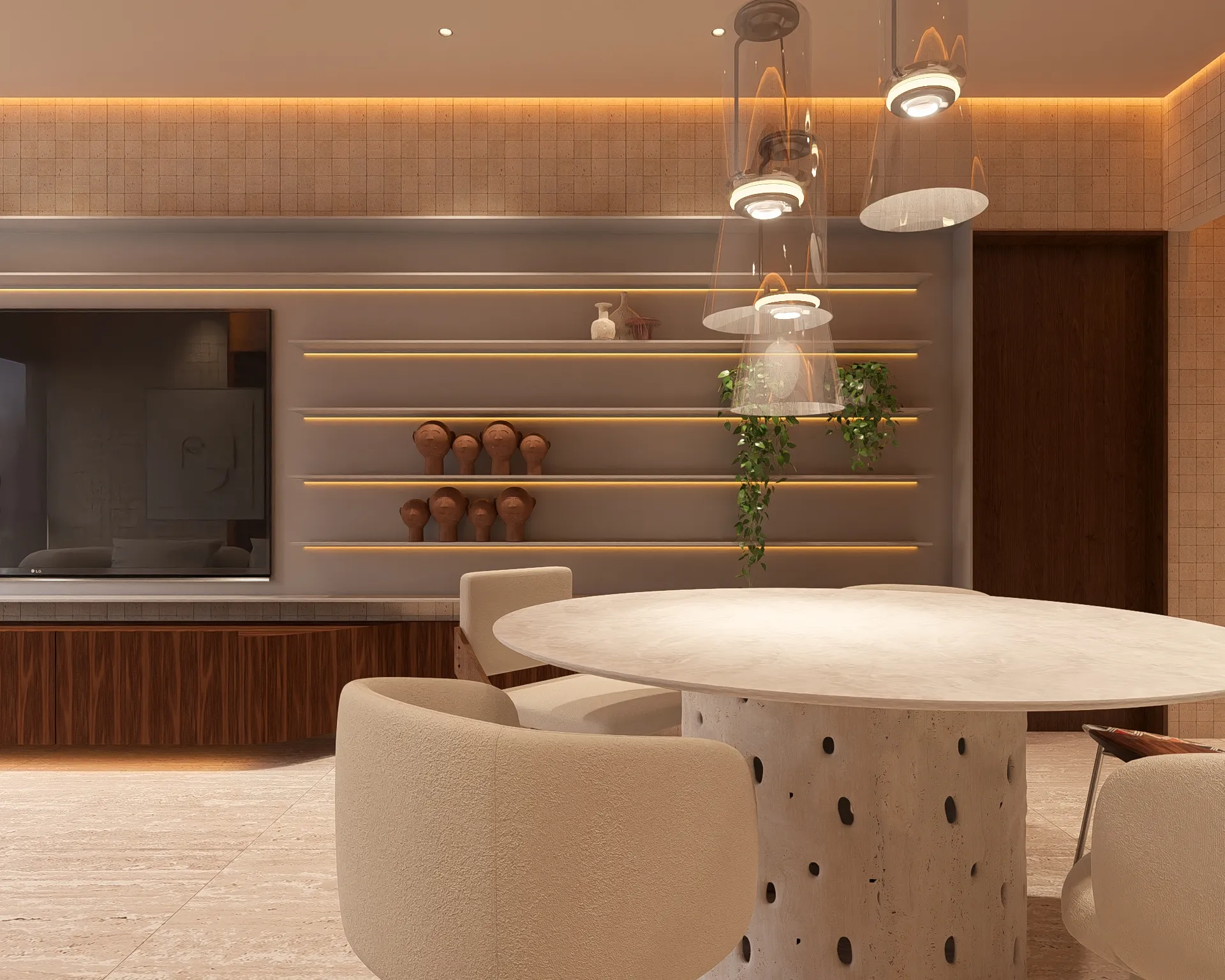 Sala de jantar com mesa redonda escultural em pedra clara e base perfurada por orifícios orgânicos, poltronas em tecido bouclé off-white e trio de pendentes em vidro soprado
