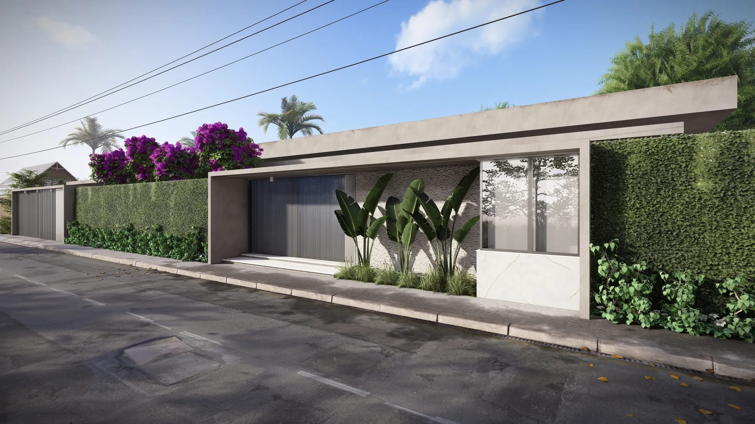 Fachada frontal linear contemporânea com pórtico em concreto aparente, muro verde em cerca viva com bougainvilles e portão metálico ripado escuro