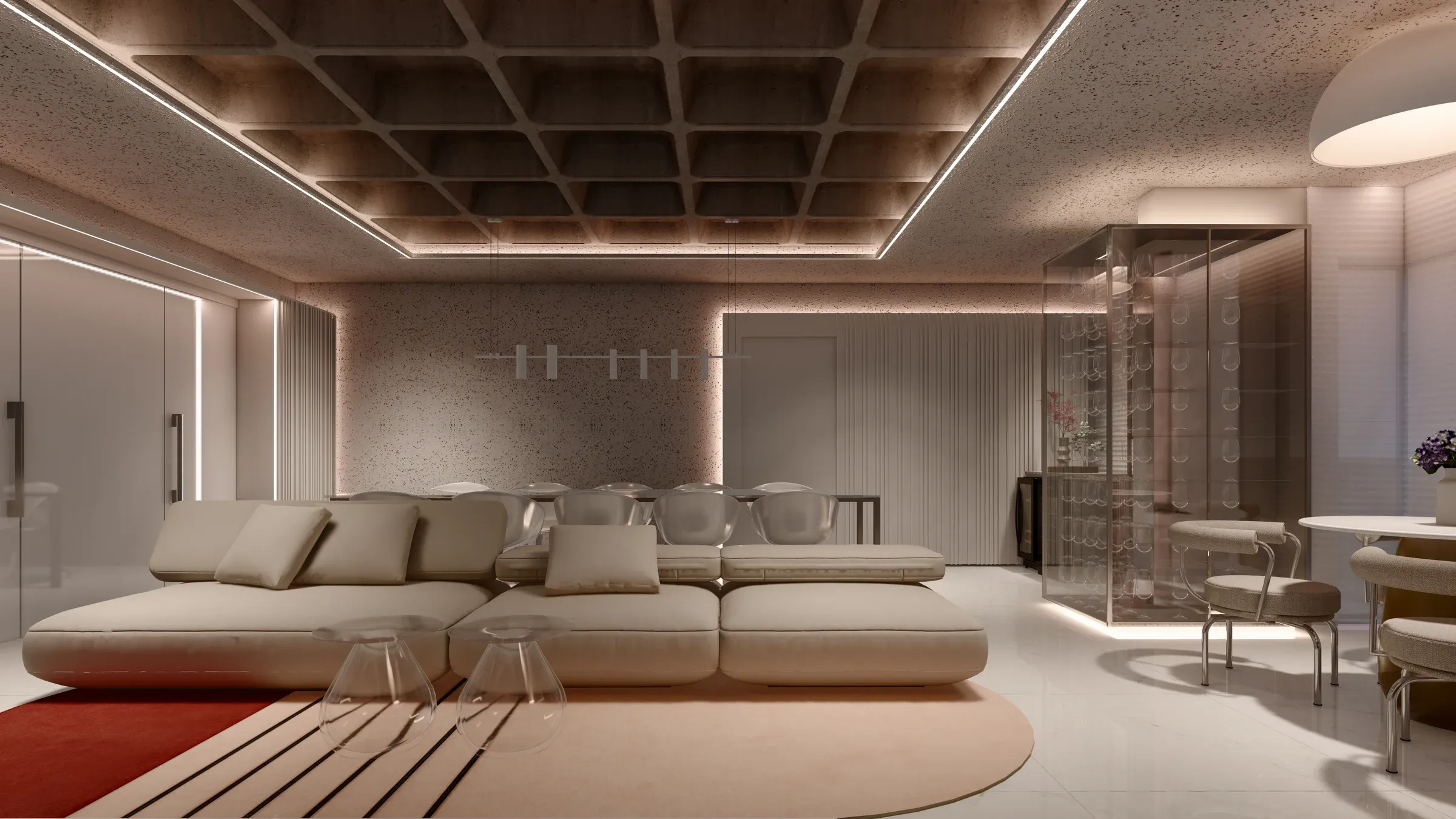 Vista reversa do living com grande sofá modular off-white, cristaleira em vidro bronze iluminada do chão ao teto e mesa de copa com cadeiras curvas de pés cromados