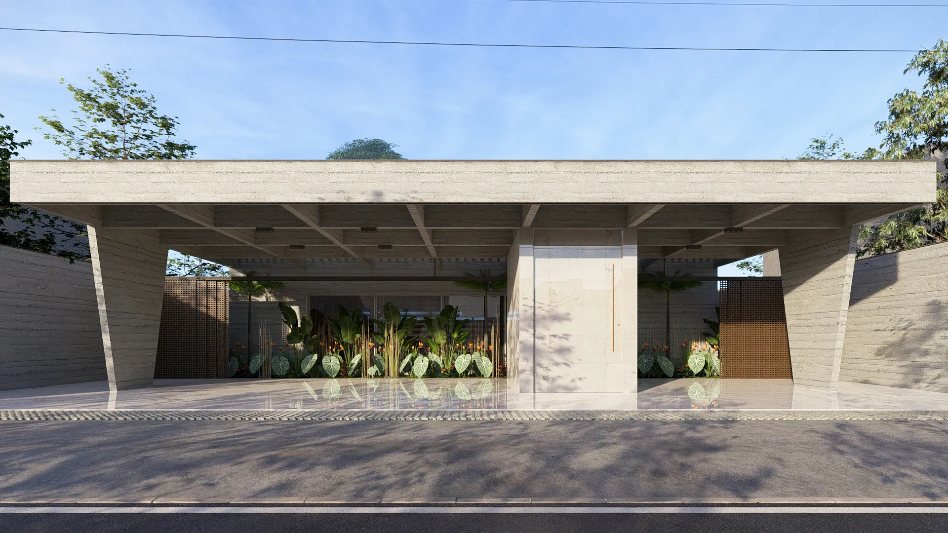 Fachada frontal monumental com pórtico em concreto aparente ripado, pilares inclinados trapezoidais, canteiros tropicais e bloco central de acesso