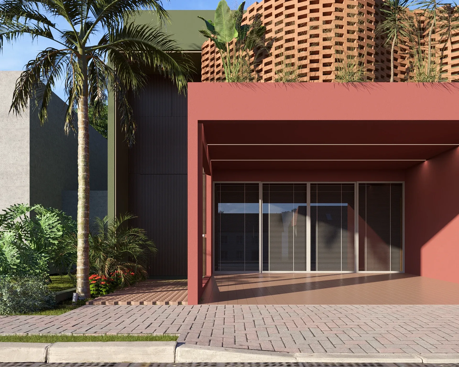 Fachada frontal no nível da rua destacando o pórtico terracota, calçada em blocos intertravados, paisagismo tropical com palmeira e a sinuosidade do coroamento em tijolo aparente