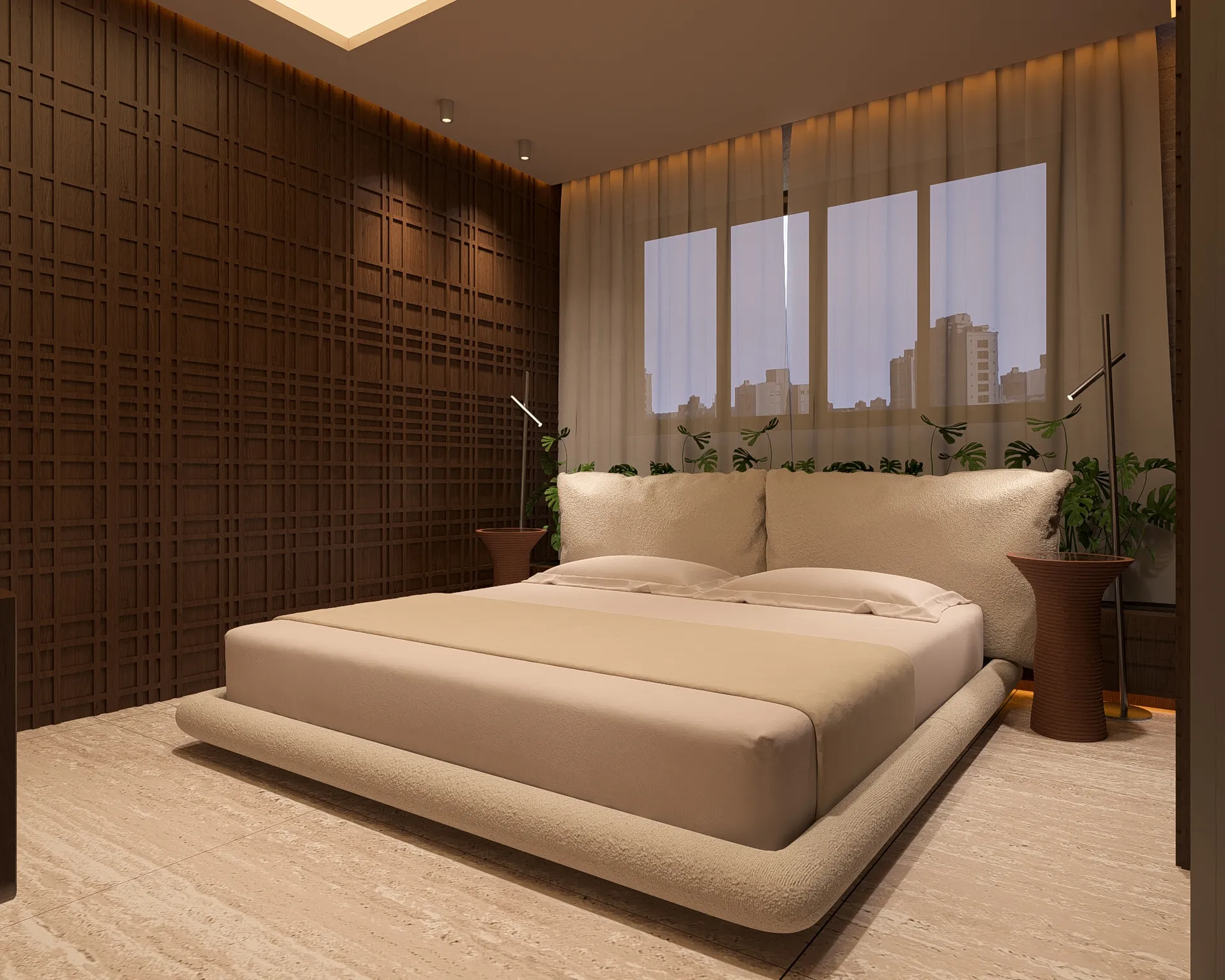 Suíte de casal com cama baixa plataforma estofada em tecido bouclé, parede revestida em painel de madeira escura com treliça tridimensional e floreira de costelas-de-adão sob a janela
