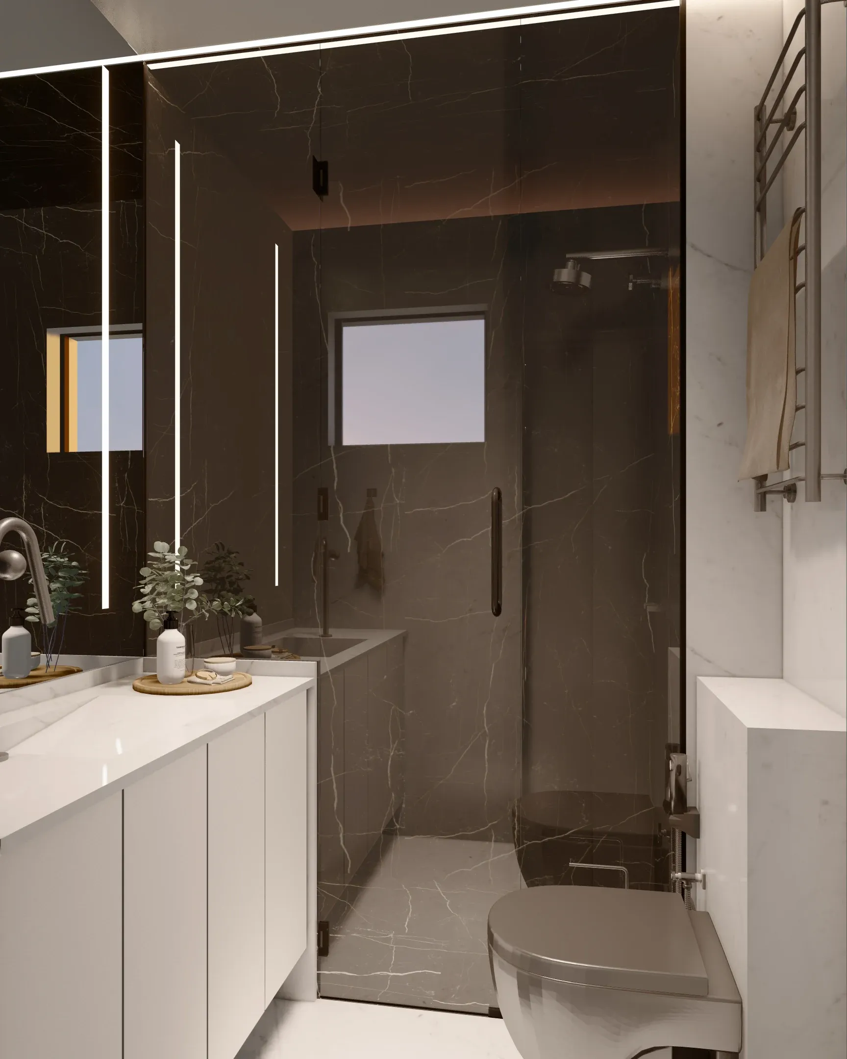 Banheiro de luxo contemporâneo com revestimento marmorizado escuro no box com vidro fumê, bancada em mármore branco com cuba esculpida e espelho com perfis verticais de LED