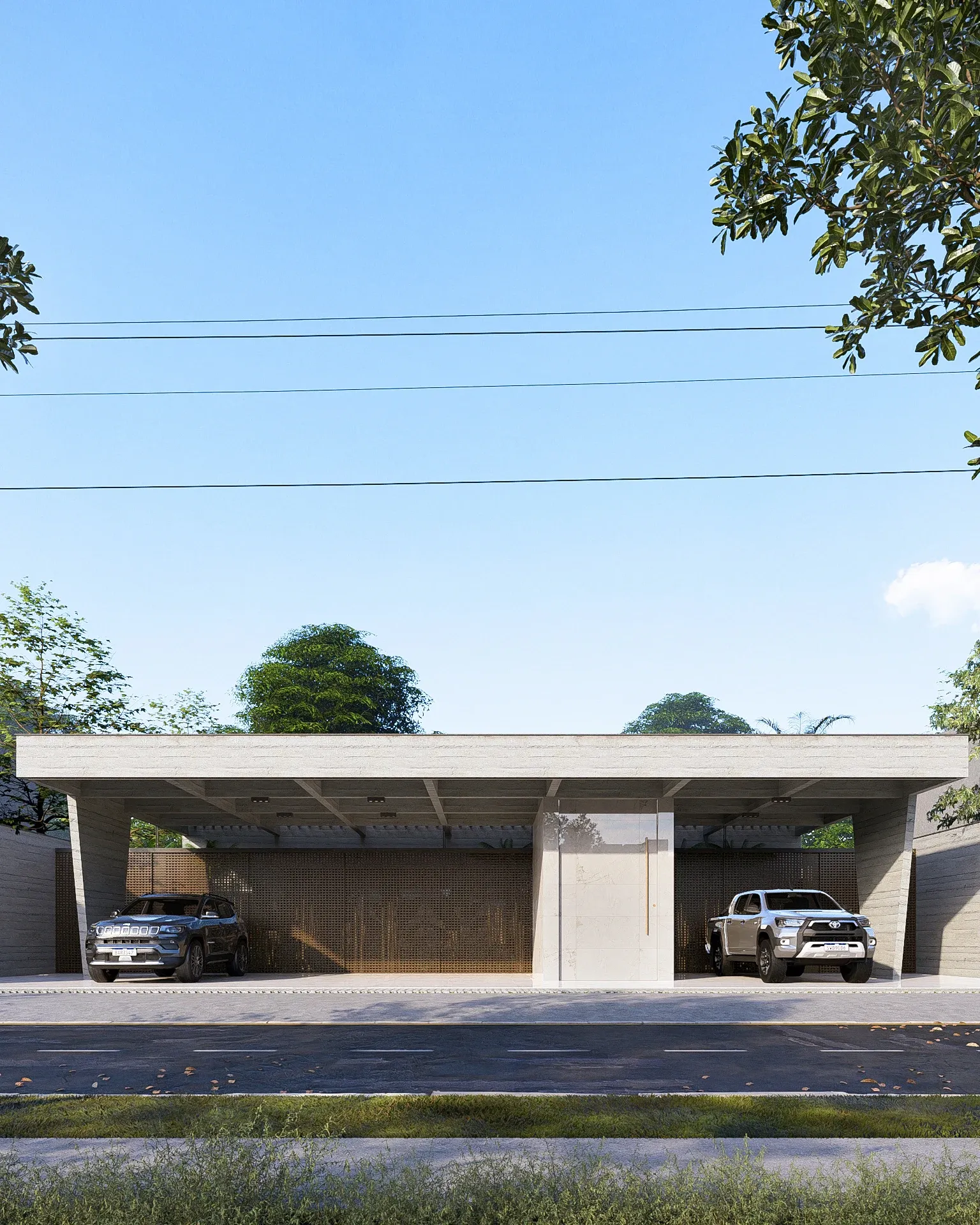 Perspectiva frontal vertical exibindo a modulação da laje nervurada ripada em balanço sobre a garagem para dois veículos