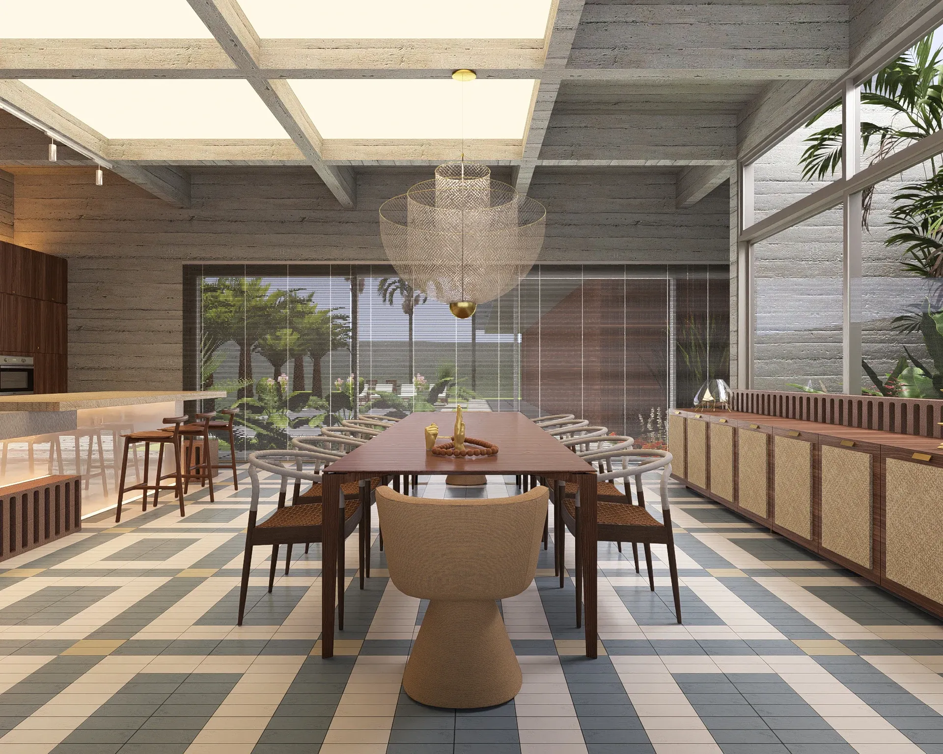 Sala de jantar e cozinha gourmet com laje nervurada e claraboias zenitais, lustre escultural em malha metálica, mesa ampla e piso em ladrilho geométrico azul e branco