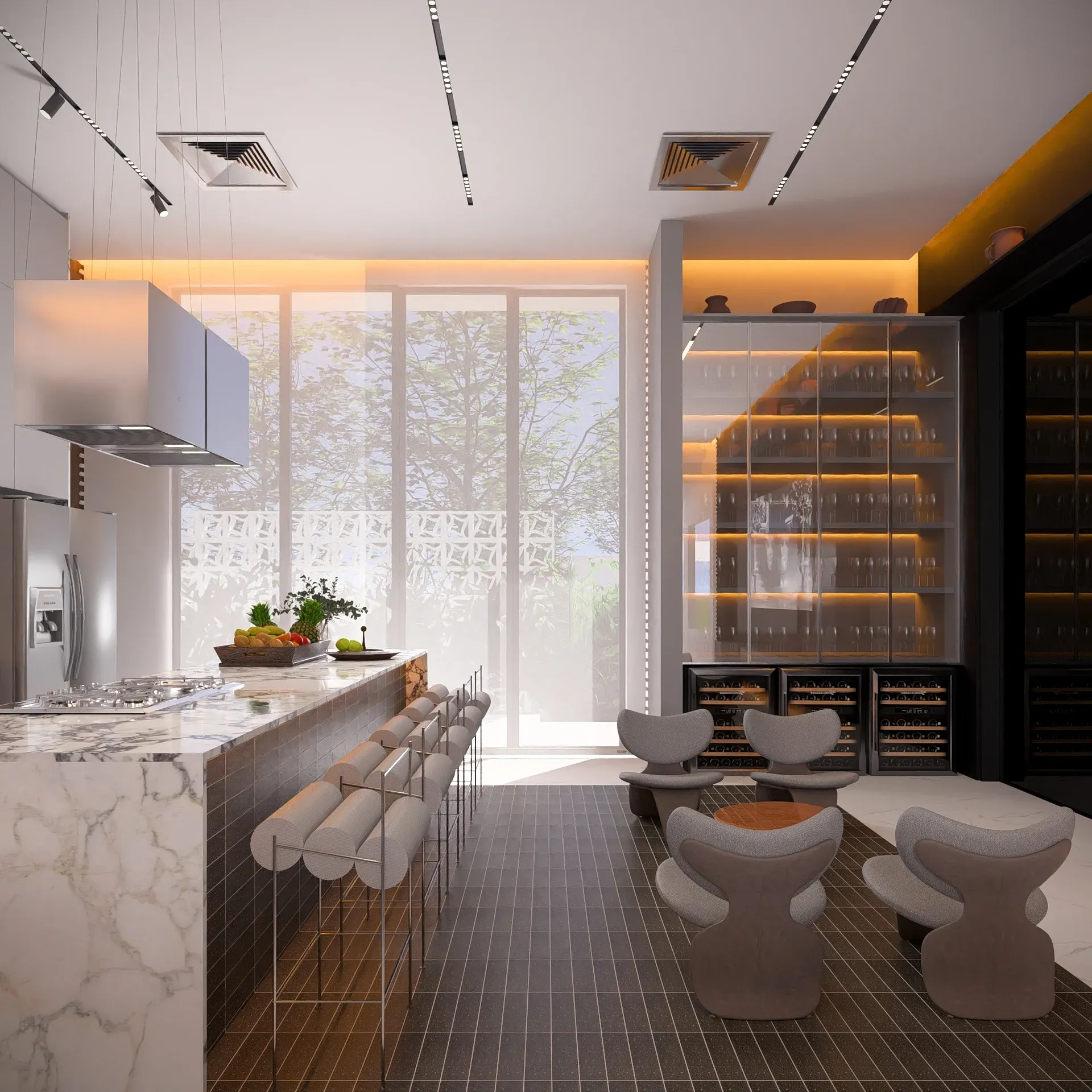 Espaço gourmet e cozinha contemporânea com ampla ilha em mármore calacatta com cooktop e coifa, banquetas altas de design, cristaleira e adega com iluminação âmbar e lounge