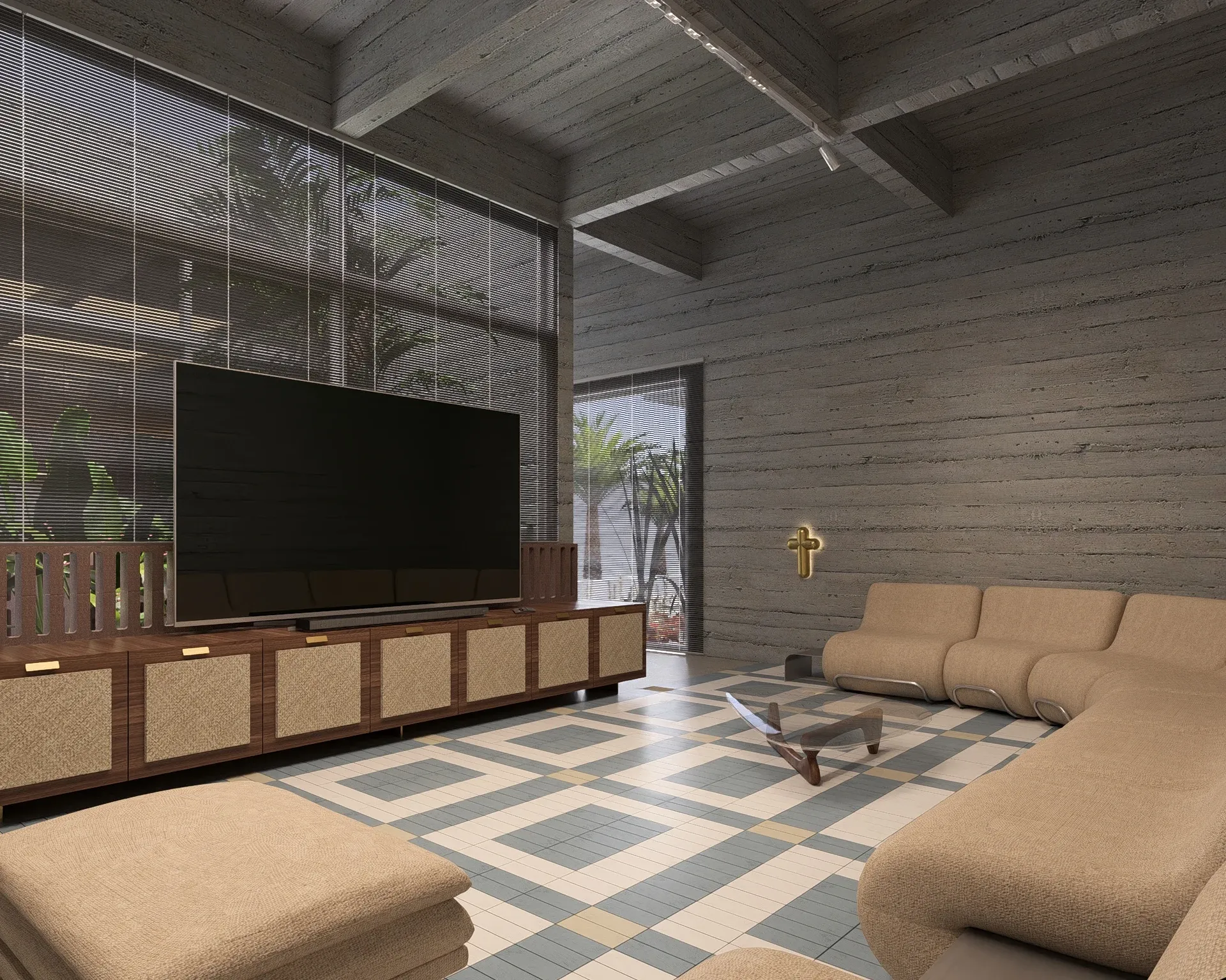 Living e sala de TV com paredes em concreto ripado, sofá curvo modular bege, móvel em marcenaria com portas em palha e piso geométrico