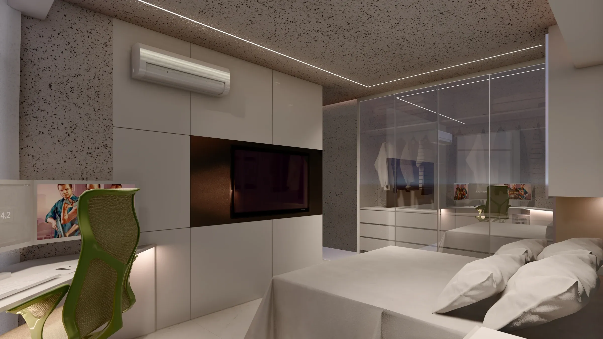Suíte contemporânea integrada com cama de casal, closet com portas em vidro transparente, painel em marcenaria branca com TV embutida e bancada de trabalho com cadeira ergonômica verde
