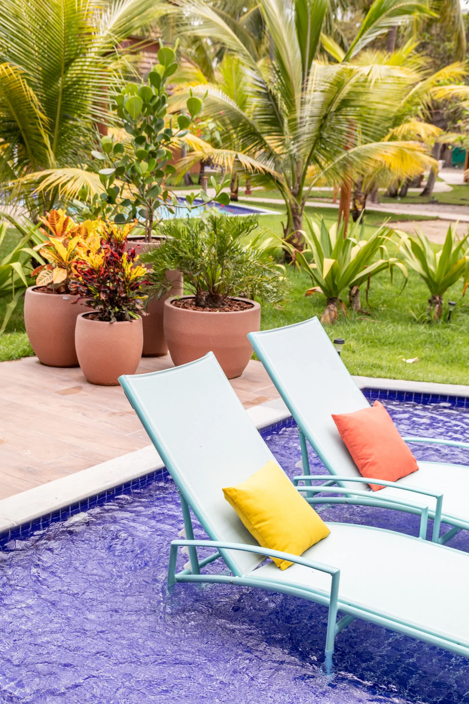 Prainha rasa da piscina privativa com duas espreguiçadeiras molhadas azuis, almofadas coloridas e vasos de barro com vegetação tropical