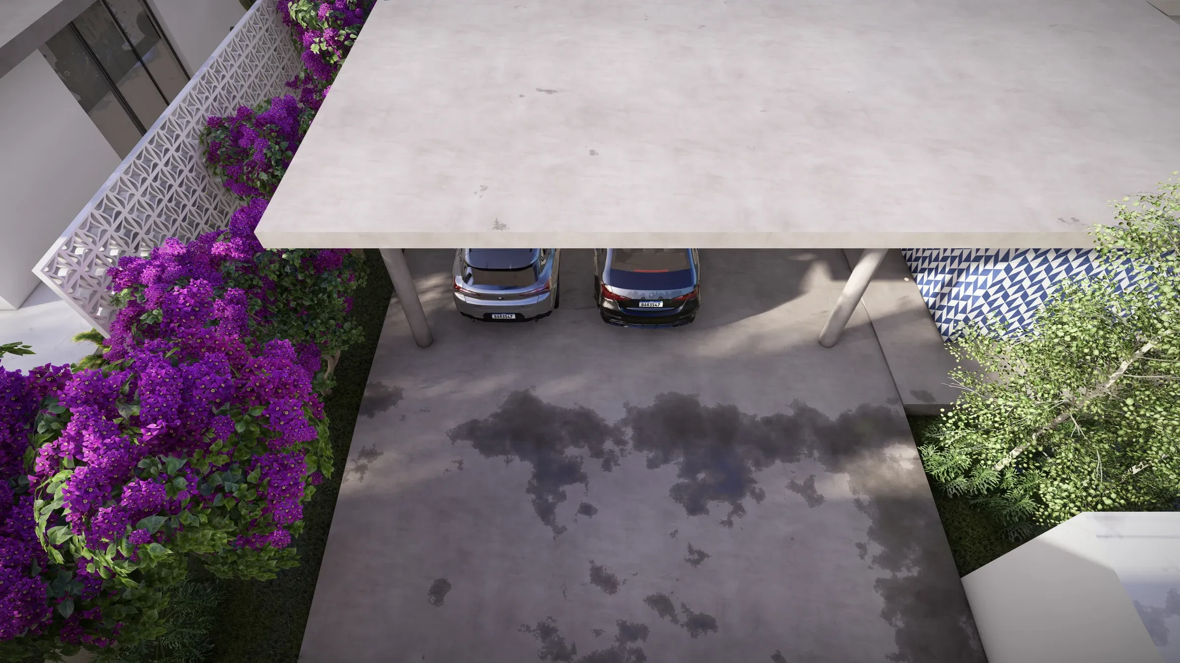 Vista aérea da garagem em concreto sobre pilotis com dois veículos, canteiro de bougainvilles em floração púrpura sobre muro de cobogós brancos e painel de azulejos geométricos