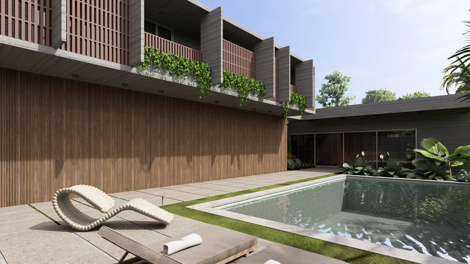 Vista aproximada da piscina com espreguiçadeira escultural em corda náutica clara e perspectiva dos brises cerâmicos e concreto superior