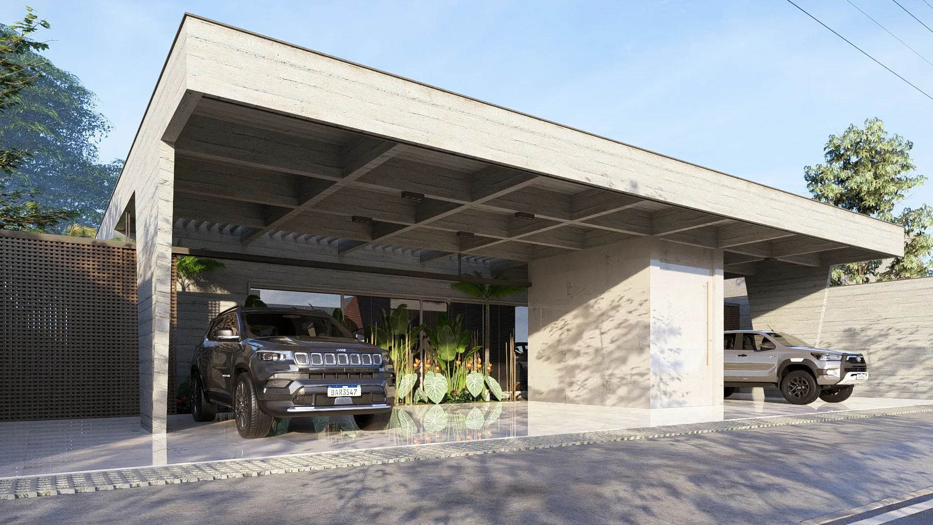 Vista angular em perspectiva da garagem e fachada frontal com veículos sob a laje nervurada em concreto aparente