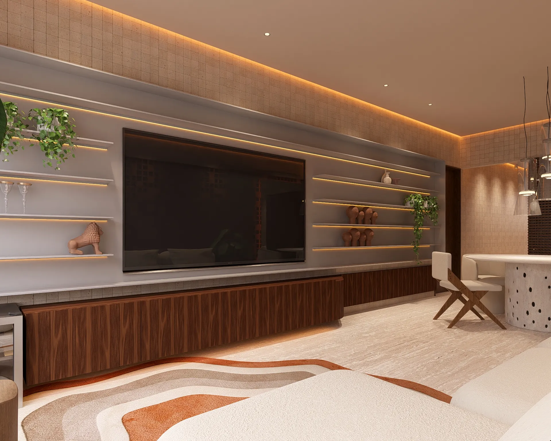 Estante linear da sala de estar com rack suspenso em madeira nogueira, prateleiras retroiluminadas com cerâmica popular brasileira e plantas pendentes, e tapete ondulado orgânico